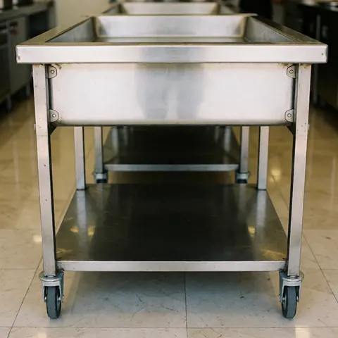 Unité de préparation culinaire professionnelle sur roulettes en acier inoxydable équipée d'un four, d'une plaque de cuisson et d'ustensiles.