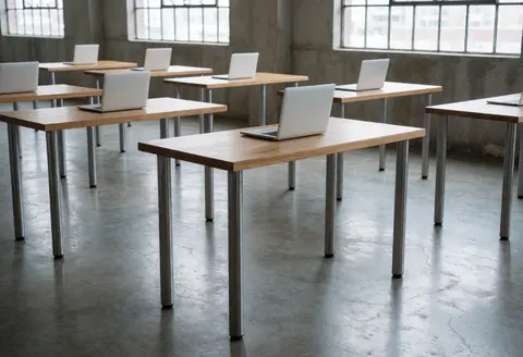 Espace industriel vide avec des tables en bois et des ordinateurs portables, idéal pour le coworking, baigné de lumière naturelle et aux murs en béton.