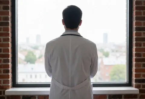 Un médecin en blouse blanche contemple la ville à travers une fenêtre depuis son bureau.