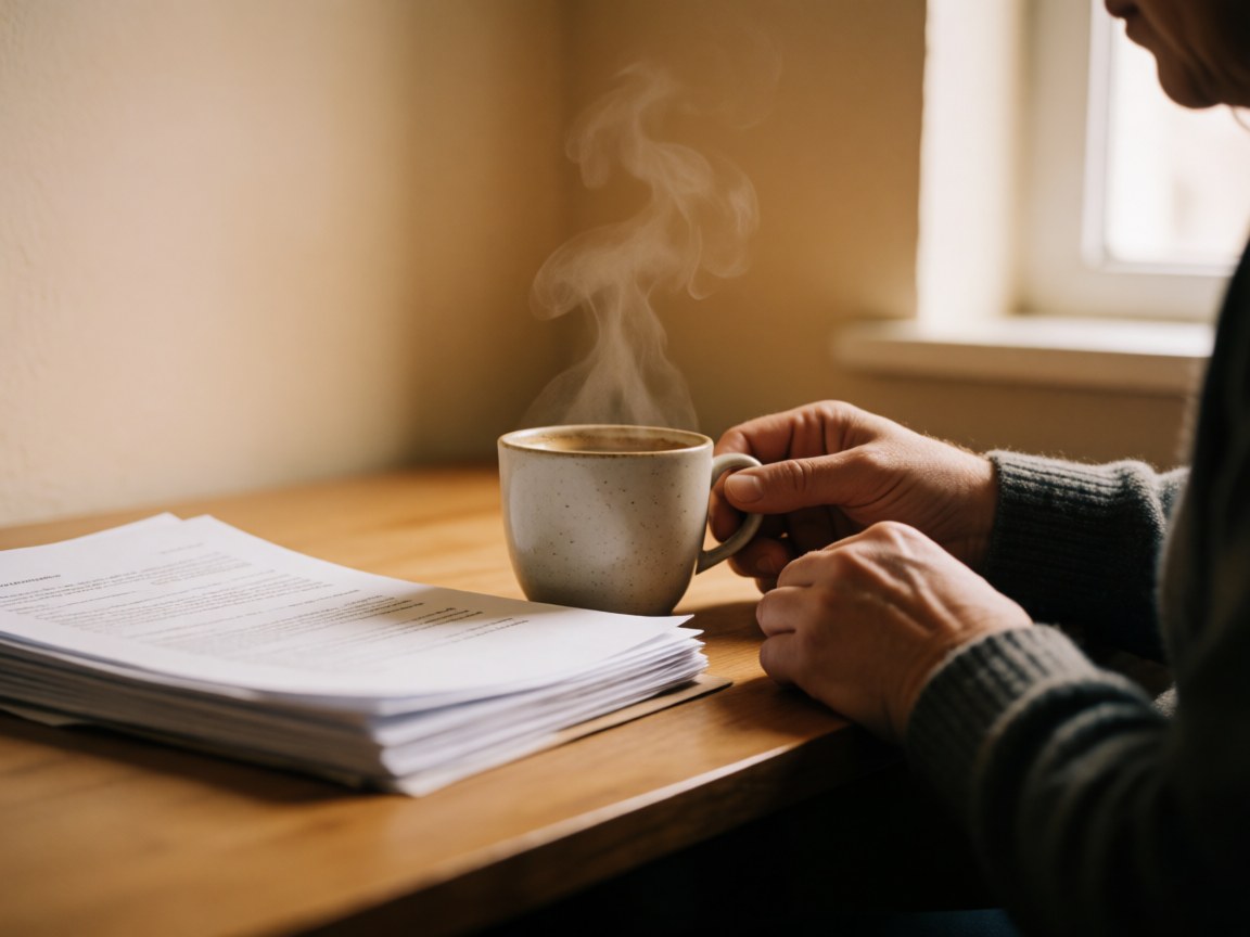 Des mains tenant une tasse de café chaud près d'une pile de documents sur un bureau en bois avec lumière naturelle et vapeur s'élevant.