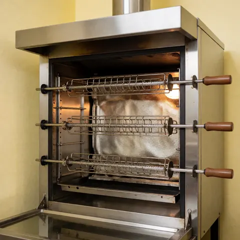 Détail de barres en acier inoxydable utilisées comme supports ou éléments structurels dans un four industriel destiné à la cuisson par rôtisserie.