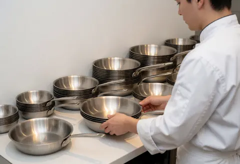 Un chef organise des casseroles en acier inoxydable dans une cuisine professionnelle propre et moderne, mettant en ordre les outils de travail.