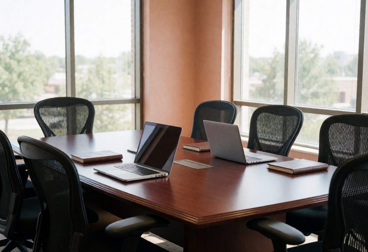 Salle de réunion corporative vide avec table en bois, ordinateurs portables ouverts et chaises noires, lumière naturelle par les fenêtres, ambiance professionnelle et ordonnée.
