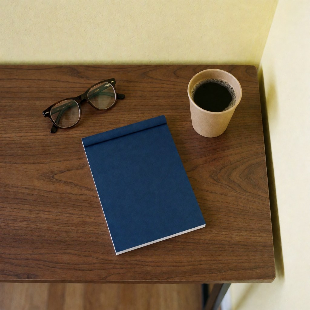 Un cahier bleu fermé, des lunettes et une tasse de café posés sur un bureau en bois sombre dans un espace minimaliste.