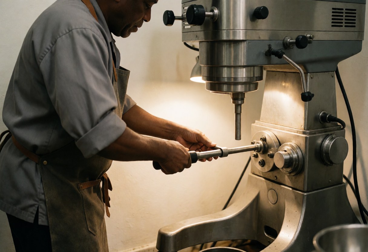 Technicien en uniforme gris et tablier de cuir ajuste un mélangeur industriel avec une clé sous une lumière chaude dans une cuisine professionnelle.