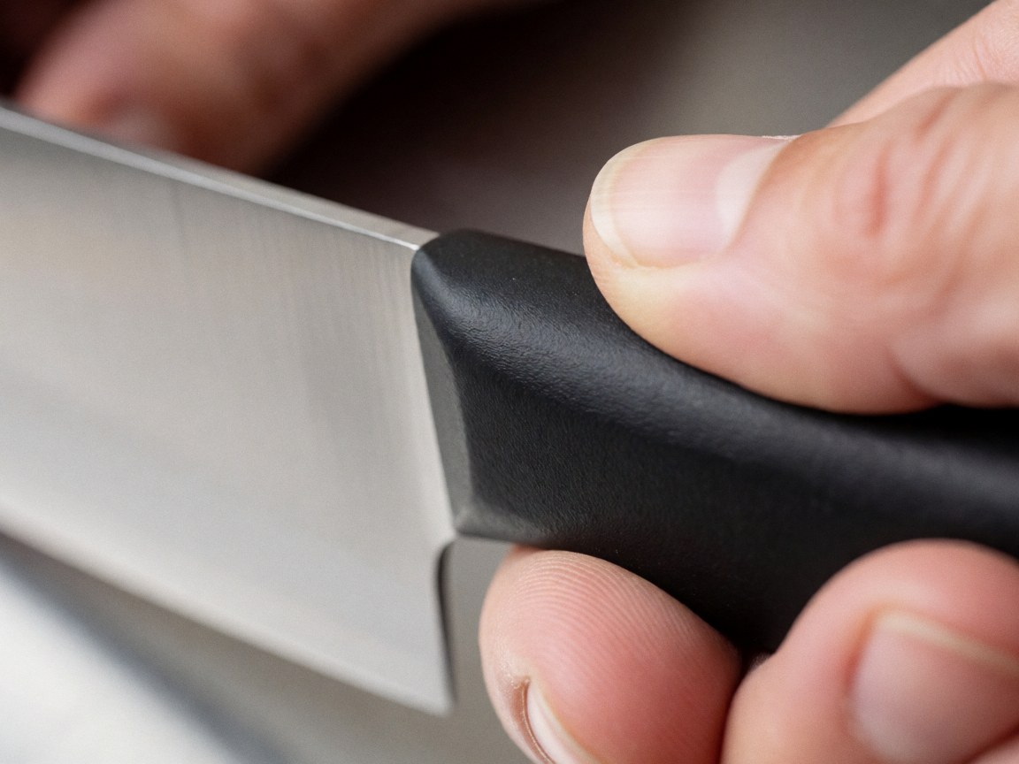 Gros plan sur la poignée noire d'un couteau de cuisine professionnel en acier inoxydable, tenu par une main dans un environnement de cuisine commerciale.