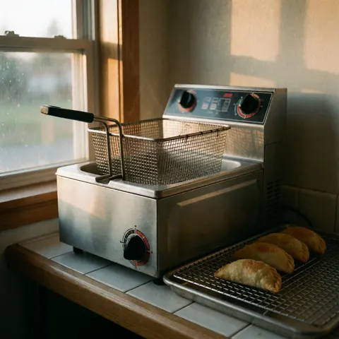 Friteuse industrielle en acier inoxydable contenant des empanadas dorées posées sur une grille, éclairée par une lumière naturelle chaude.