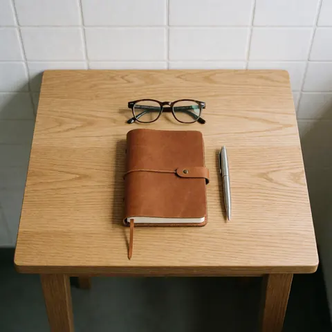 Un cahier en cuir marron, un stylo argenté et des lunettes reposent sur une table en bois clair. Scène épurée et professionnelle pour les affaires.
