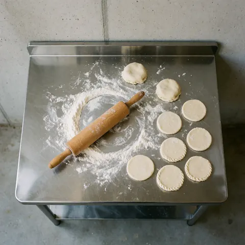 Vue de dessus d'une table de travail en acier inoxydable avec pâte, rouleau à pâtisserie et farine pour empanadas sur fond de murs en béton avec éclairage naturel.