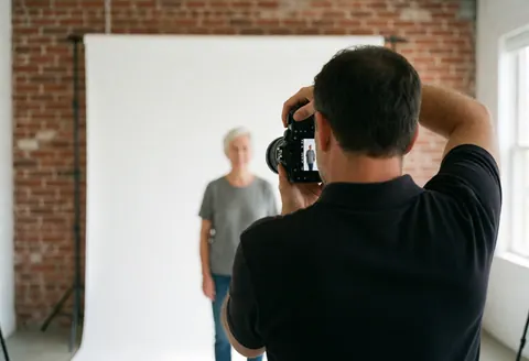 Un photographe professionnel tient une caméra lors d'une séance photo en studio avec un fond blanc et un mur de briques visible.