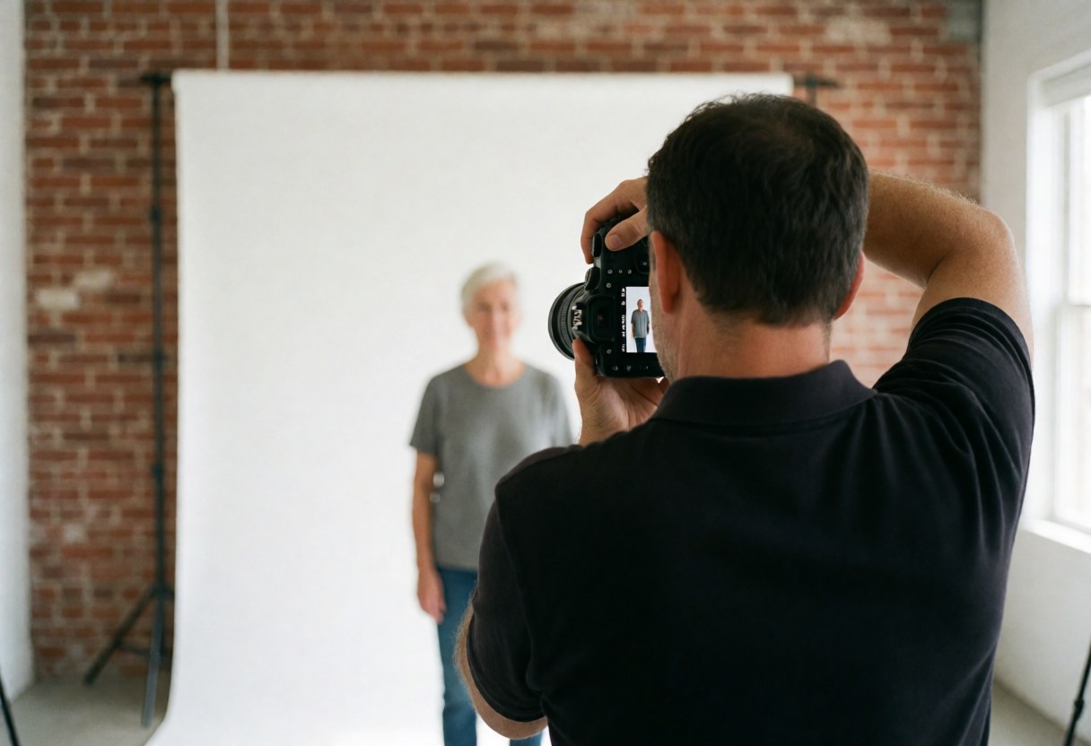Un photographe professionnel tient une caméra lors d'une séance photo en studio avec un fond blanc et un mur de briques visible.