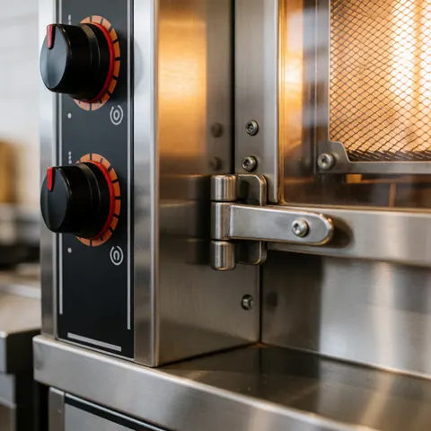 Vue rapprochée d'un four industriel en acier inoxydable avec portes métalliques et systèmes de contrôle de température pour cuisines commerciales.