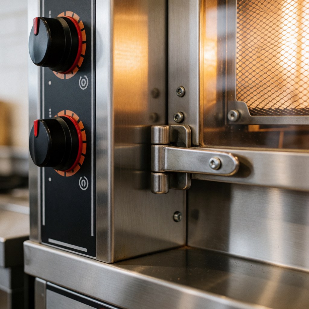 Vue rapprochée d'un four industriel en acier inoxydable avec portes métalliques et systèmes de contrôle de température pour cuisines commerciales.