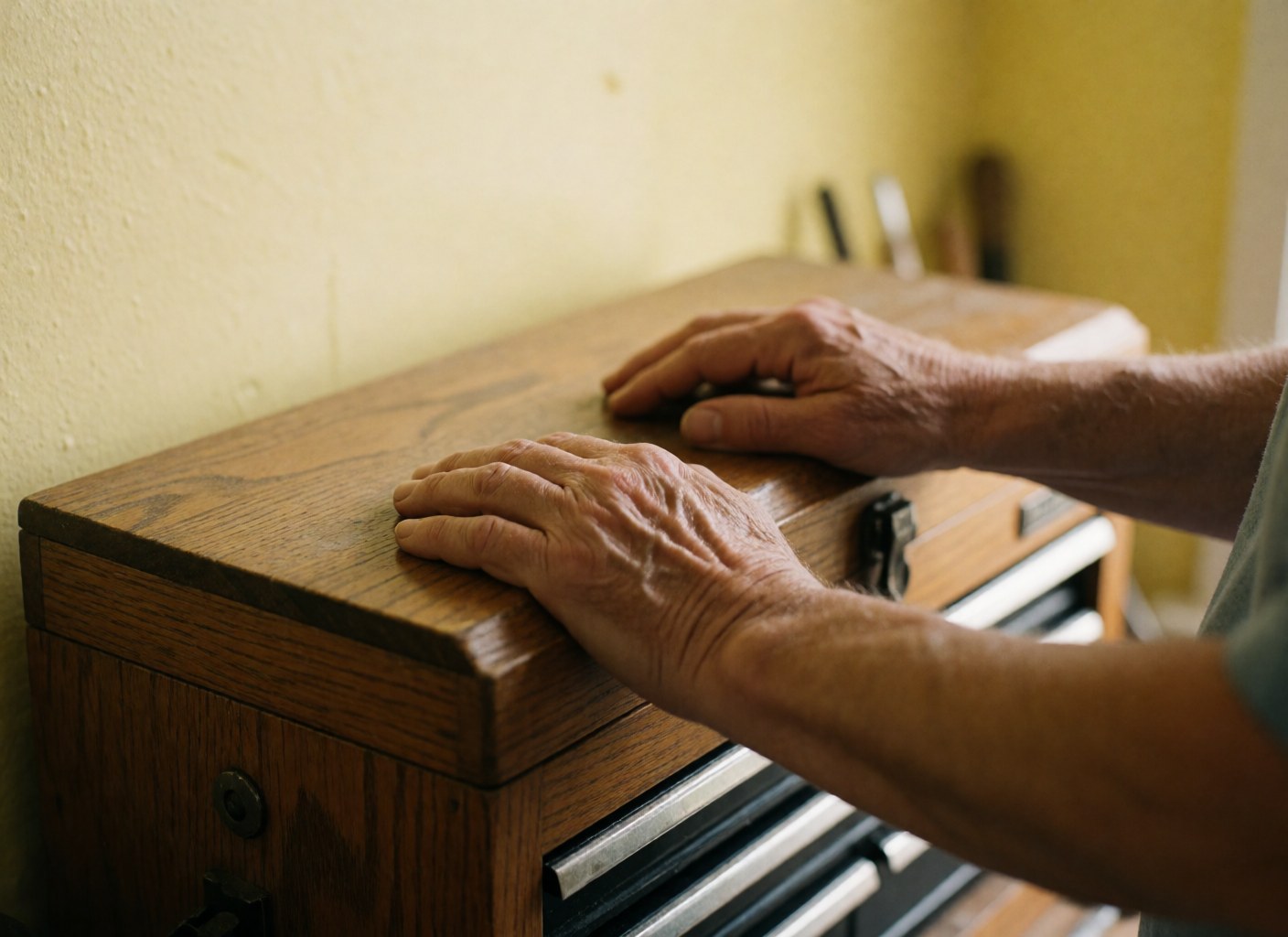 Deux mains reposant sur la surface d'un coffre en bois ancien, mettant en valeur les détails et la texture du matériau.