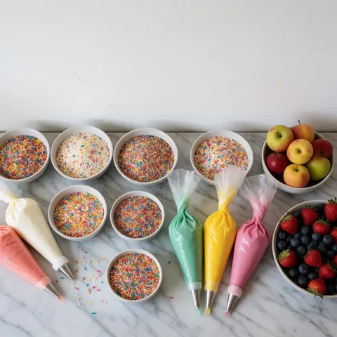 Vue de dessus d'ingrédients frais disposés sur une surface en marbre blanc, incluant des fruits et des sacs de préparation pour la pâtisserie.