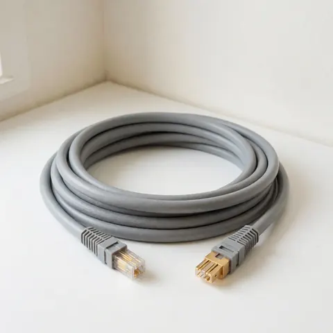 Câble ethernet gris enroulé sur une surface blanche propre, avec des connecteurs dorés, éclairage doux et fond blanc, produit professionnel pour installations réseau.