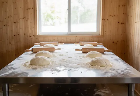 Vue rapprochée d'un plan de travail en métal propre avec rouleau à pâtisserie, farine et boules de pâte prêtes à être travaillées dans un environnement lumineux.