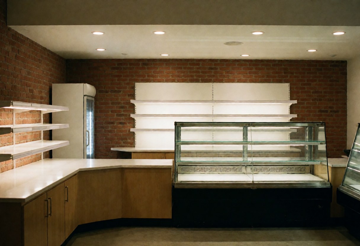 Vue intérieure d'une boulangerie inoccupée et soignée, avec murs en briques, comptoirs et vitrines éclairées, prête à accueillir les clients.