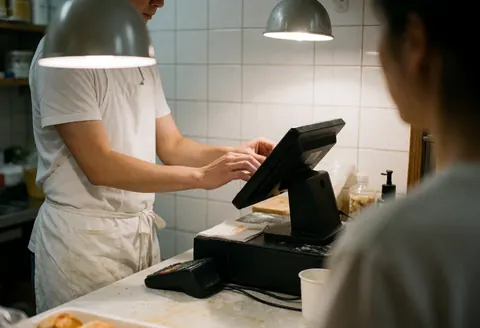 Scène de service en action montrant une interaction professionnelle entre un employé et un client lors d'une transaction.