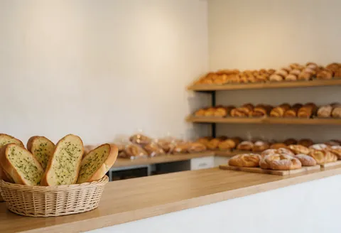 Premier plan d'un panier contenant du pain à l'ail avec des étagères exposant des gâteaux en arrière-plan sur un mur blanc baigné de lumière naturelle.