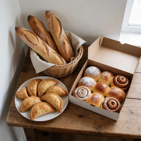 Des baguettes, des empanadas et des rouleaux présentés dans une boîte sur une table en bois avec une lumière naturelle pour un commerce de boulangerie.