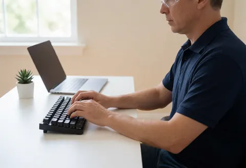 Un homme adulte portant des lunettes de sécurité tape sur un clavier noir posé sur une table blanche, près d'une plante succulente dans un bureau moderne.
