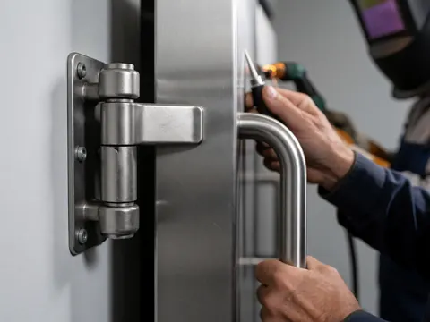 Un soudeur travaille sur une porte en acier inoxydable pour cuisine professionnelle, avec outils et équipements de protection visibles.