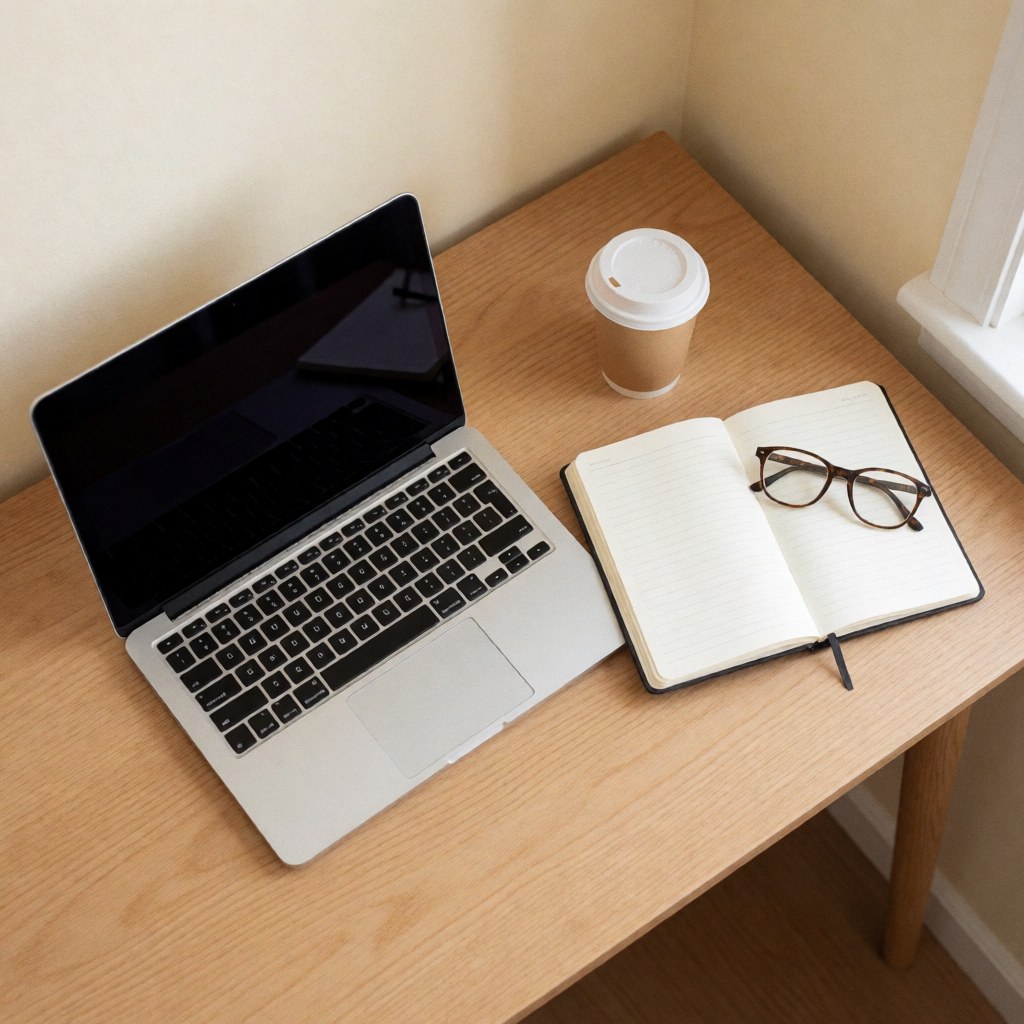 Vue de dessus d'un bureau en bois clair organisé avec un ordinateur portable, un cahier, des lunettes, une tasse de café et des notes, baigné de lumière naturelle.