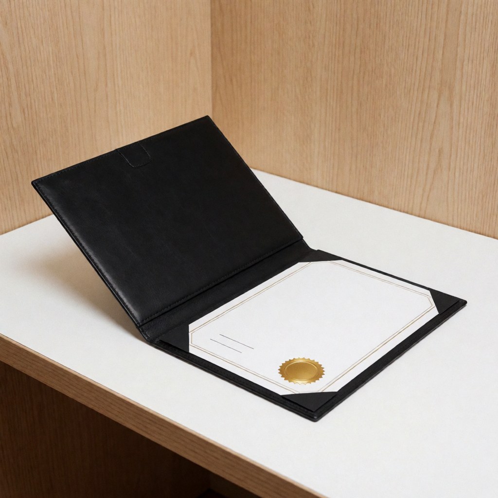 Un portefeuille professionnel noir posé sur un bureau blanc, accompagné d'un certificat officiel avec sceau doré, évoquant la réussite et le travail.