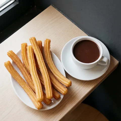 Assiette de churros dorés et tasse de chocolat chaud posées sur une table en bois clair, fond gris anthracite, éclairage naturel, scène traditionnelle et appétissante.
