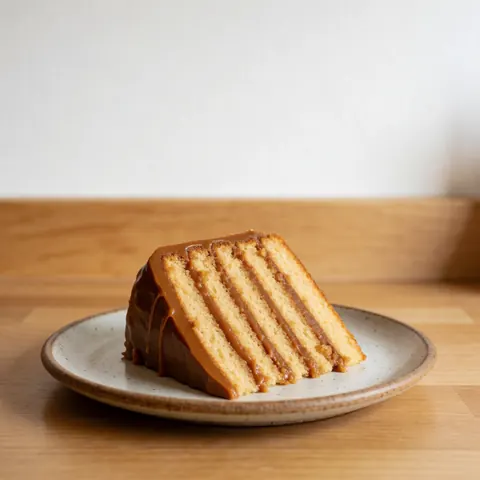Une tranche de gâteau moelleux au dulce de leche servie sur une assiette en céramique posée sur une table en bois.