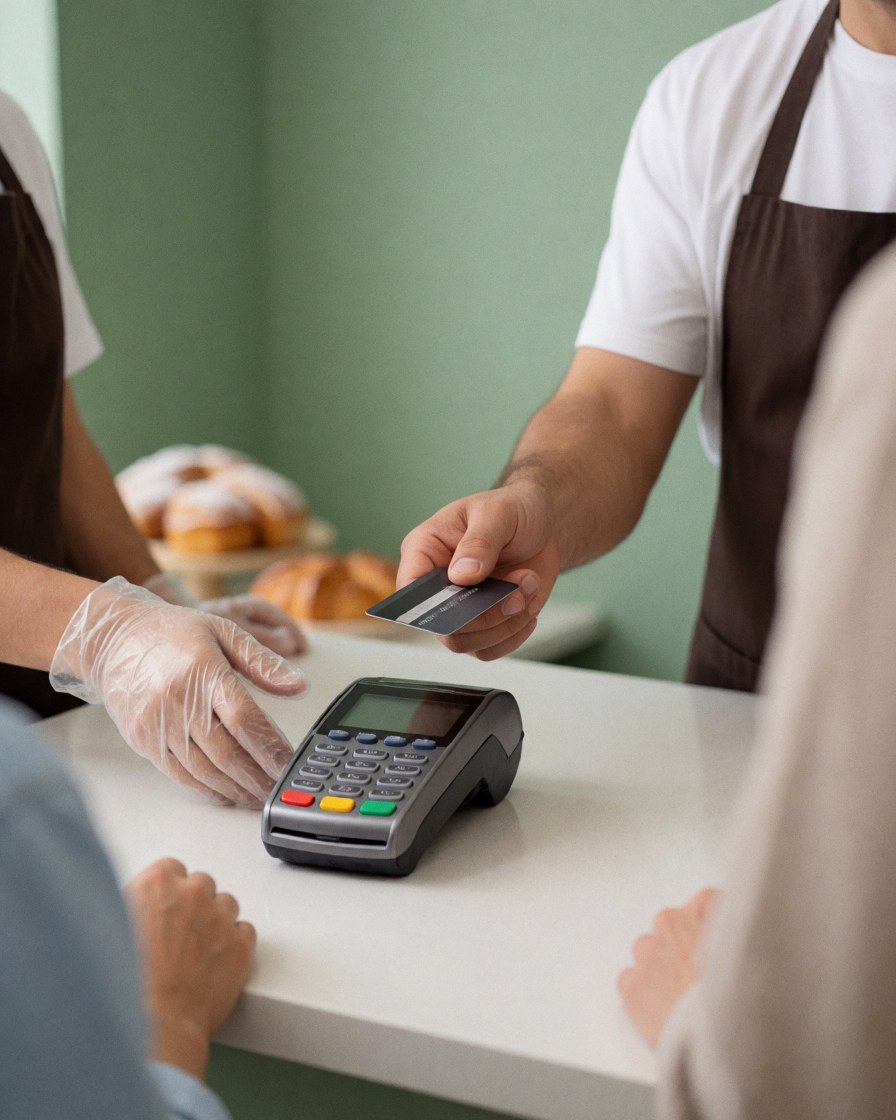 Mains tenant une carte bancaire près d'un terminal de paiement dans une pâtisserie moderne et propre.