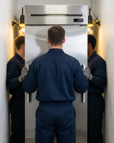 Deux techniciens en uniforme bleu installent un réfrigérateur en acier inoxydable dans un couloir étroit éclairé par des lumières jaunes, avec des gants et des outils visibles.
