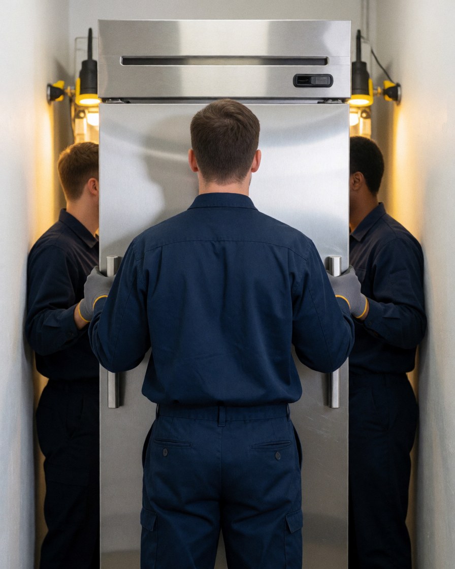 Deux techniciens en uniforme bleu installent un réfrigérateur en acier inoxydable dans un couloir étroit éclairé par des lumières jaunes, avec des gants et des outils visibles.