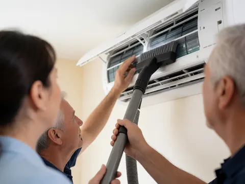 Équipe professionnelle effectuant l'entretien d'un système de climatisation avec un aspirateur spécialisé pour assurer la propreté et le bon fonctionnement.