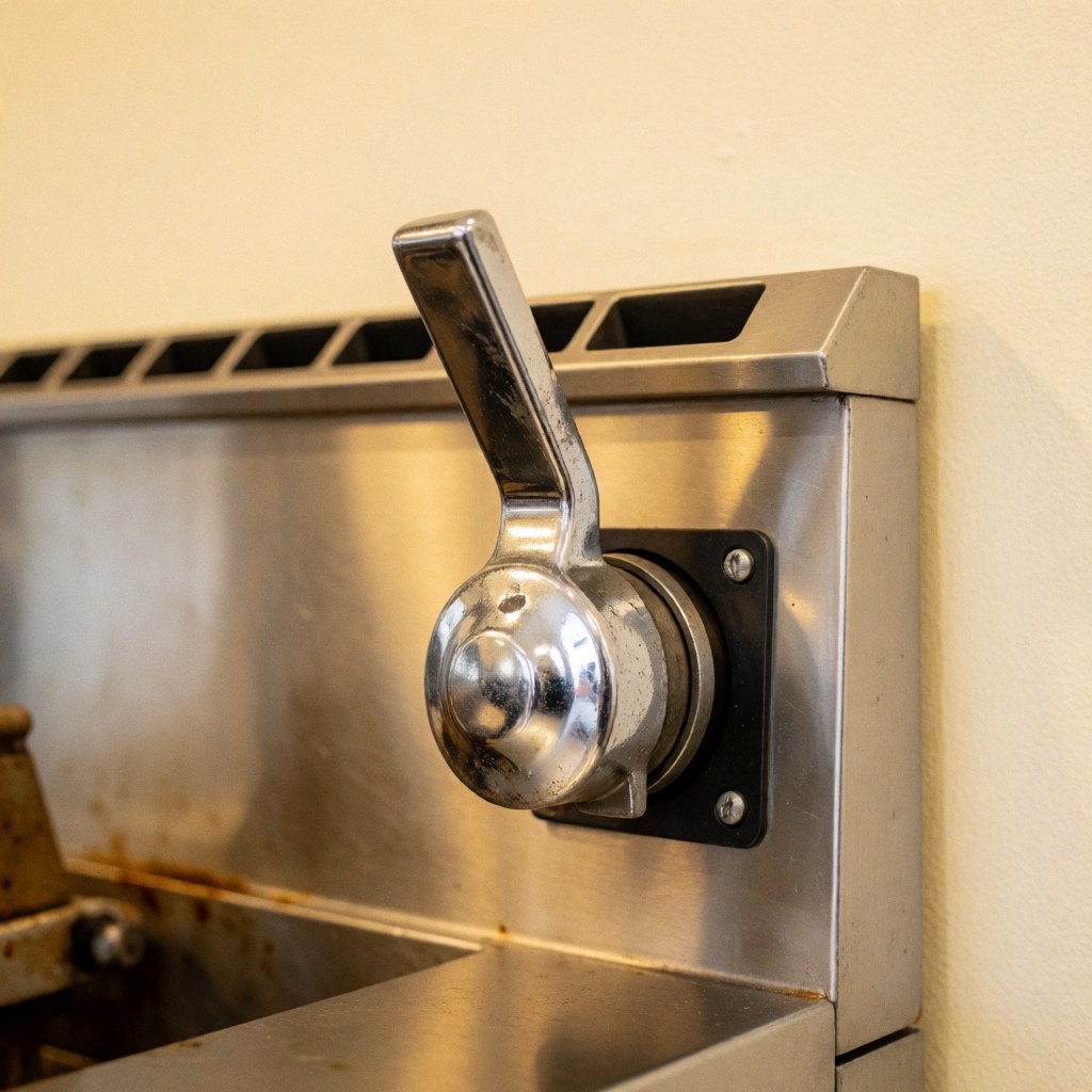 Vue rapprochée du mécanisme de filtration d'huile intégré à une friteuse professionnelle en acier inoxydable, montrant la poignée métallique et le filtre pour l'entretien de la cuisine commerciale.