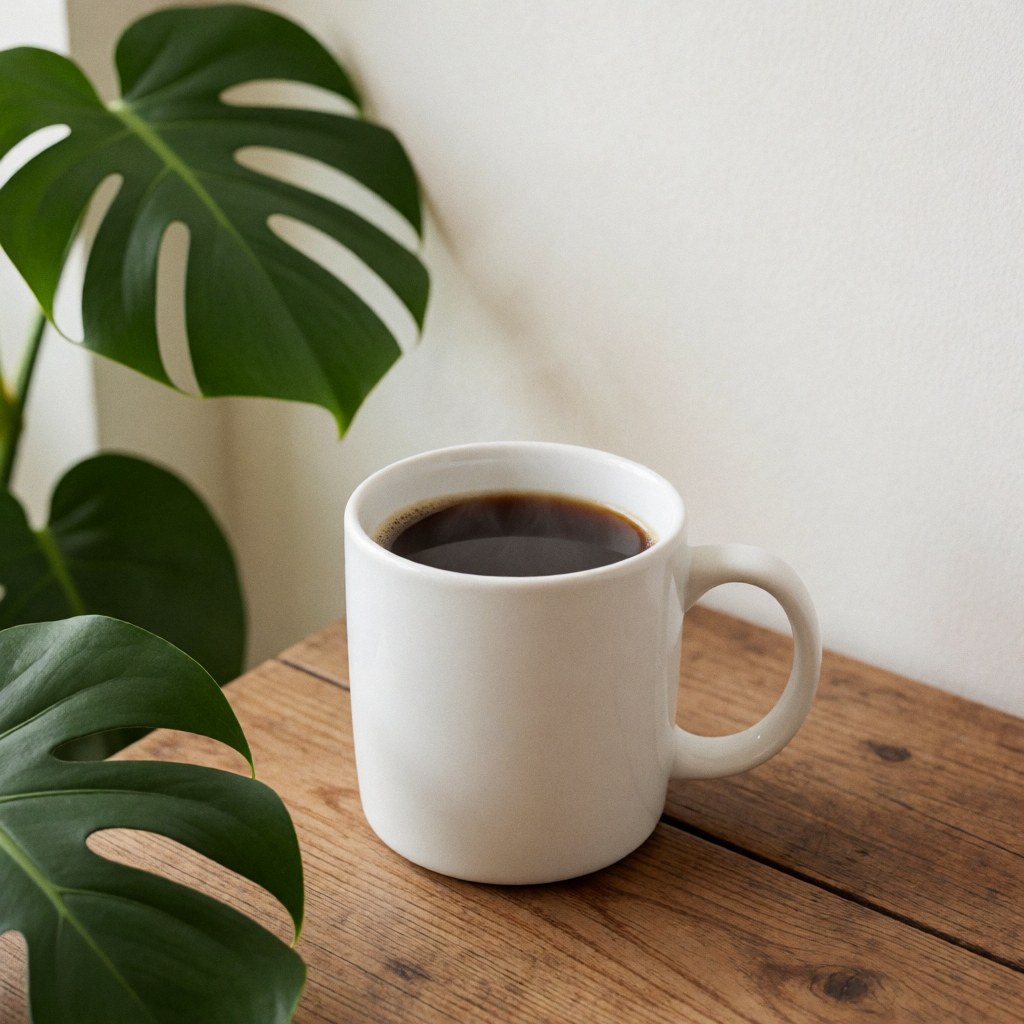 Une tasse blanche contenant du café noir posée sur une table en bois avec des feuilles de monstera vertes en arrière-plan.
