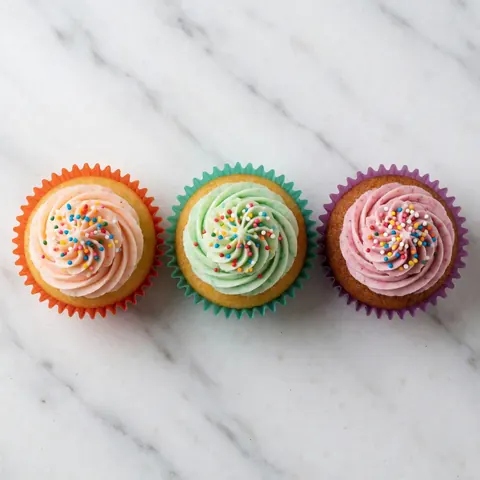 Trois cupcakes aux glaçages rose, vert et violet ornés de paillettes sur un plan de travail en marbre blanc.