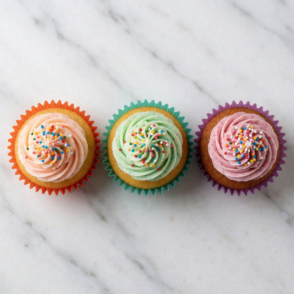Trois cupcakes aux glaçages rose, vert et violet ornés de paillettes sur un plan de travail en marbre blanc.