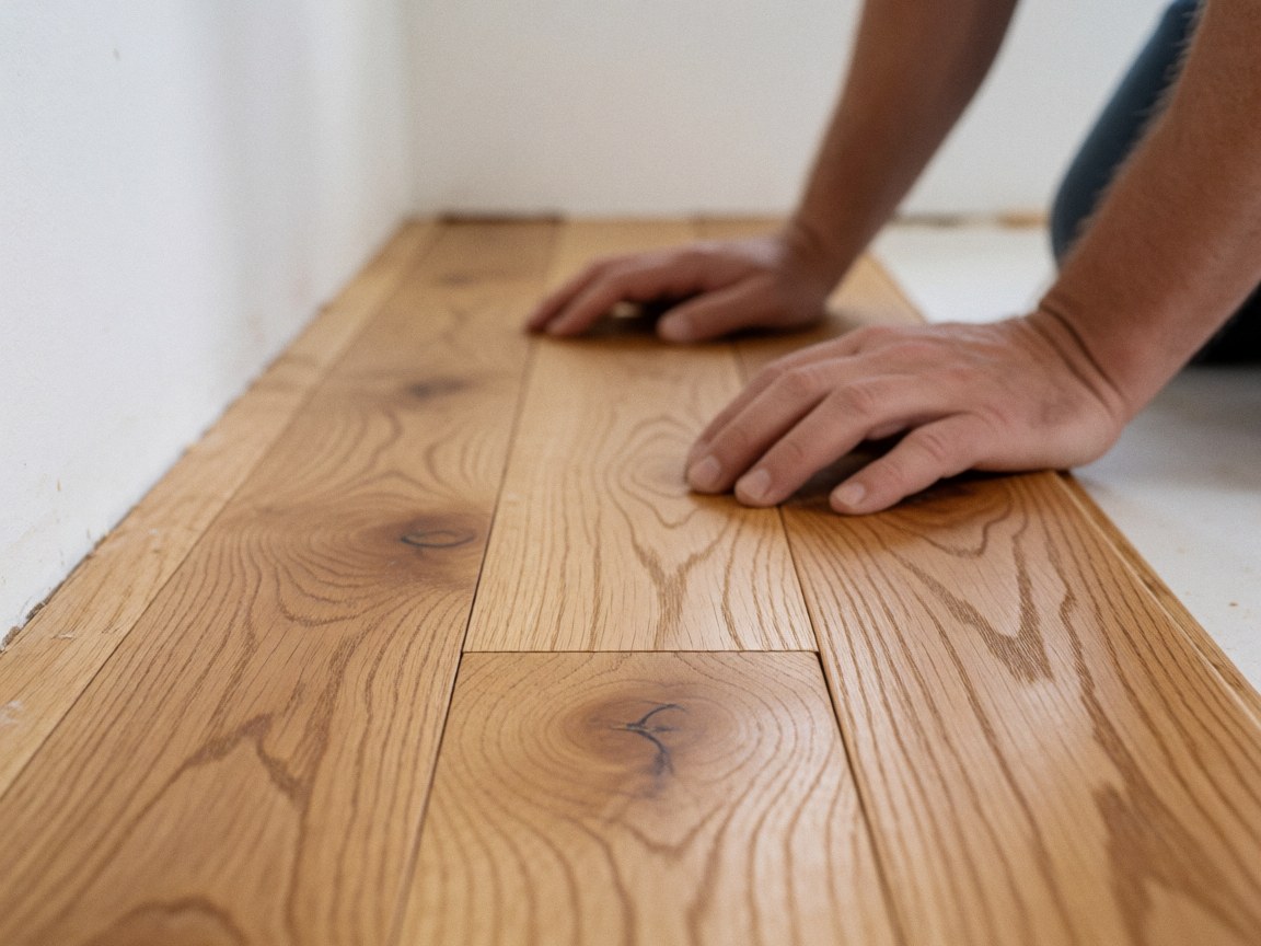 Des mains installent des lames de bois sur un sol, révélant la texture naturelle du grain et des nœuds, avec un fond blanc et une lumière douce.