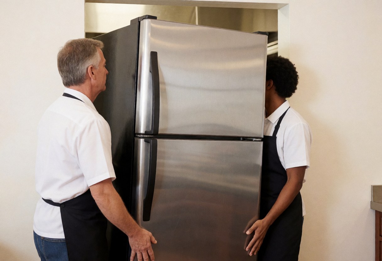 Techniciens installant un réfrigérateur industriel dans une cuisine commerciale moderne.