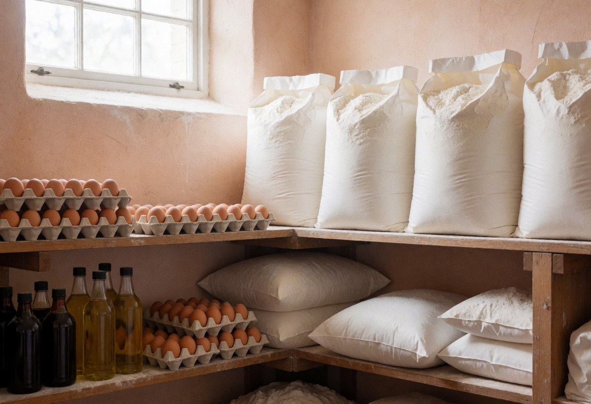 Vue d'un entrepôt de boulangerie contenant des sacs de farine, des boîtes d'œufs et des bouteilles d'huile, éclairé par la lumière naturelle entrant par une fenêtre, avec des murs en terre cuite.