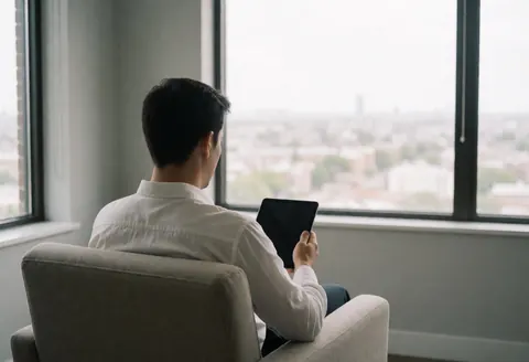 Un consultant debout dans une armoire ouverte tenant une tablette, face à une fenêtre offrant une vue urbaine, baigné de lumière naturelle dans un environnement calme et professionnel.