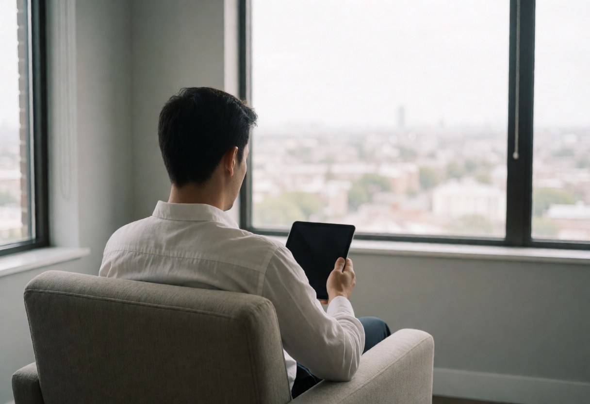 Un consultant debout dans une armoire ouverte tenant une tablette, face à une fenêtre offrant une vue urbaine, baigné de lumière naturelle dans un environnement calme et professionnel.