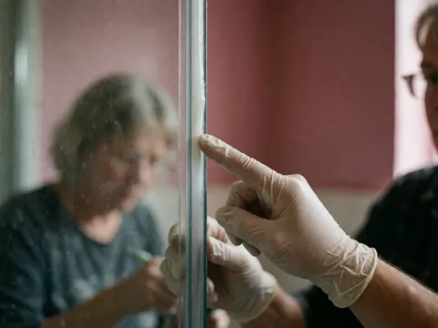 Gant portant un pistolet à silicone applique du mastic sur le joint d'une porte en verre pour assurer l'étanchéité.
