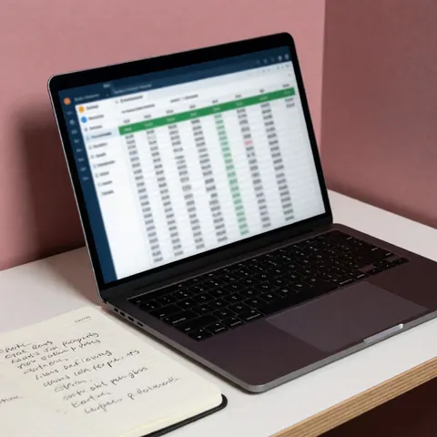 Vue de dessus d'un ordinateur portable ouvert à côté d'un cahier à carreaux posé sur un bureau avec un fond rose pastel.