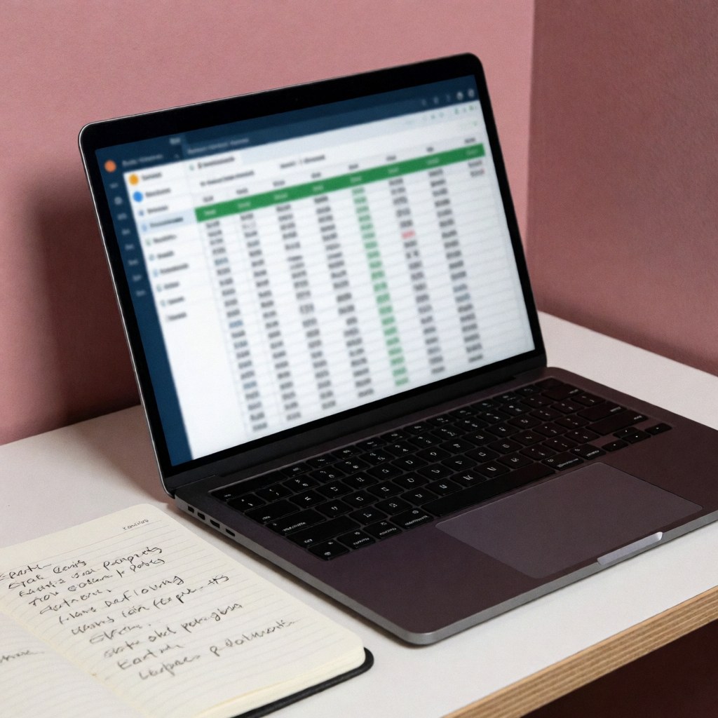 Vue de dessus d'un ordinateur portable ouvert à côté d'un cahier à carreaux posé sur un bureau avec un fond rose pastel.
