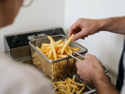 Des frites croustillantes sont sorties d'un friteur industriel par des mains utilisant une pelle en métal, dans une cuisine professionnelle au fond flou.