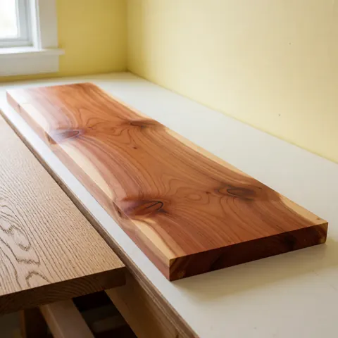Planche de cèdre poli montrant un grain visible et des nœuds, placée à côté d'une planche de chêne sur un établi dans un atelier éclairé par la lumière naturelle.