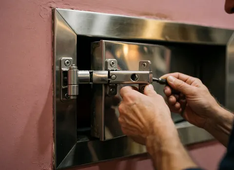 Mains ajustant une serrure en acier inoxydable sur la porte d'un four professionnel. Mur rose, reflet de lumière chaude. Détail outil et maintenance industrielle.